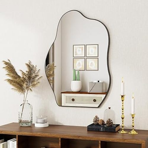 BEAUTYPEAK Asymmetrical Mirror, 26 x 38 Inches Irregular Wall Mirror, Wood Frame Unique Shape Wall Mounted, Decorative for Living Room Bedroom Entryway Hallway