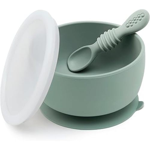 SAMiGO Silicone Baby Bowl and Spoon Set with Suction and Lid, First Stage Self Feeding Essentials, Food Bowl for 6+ Months