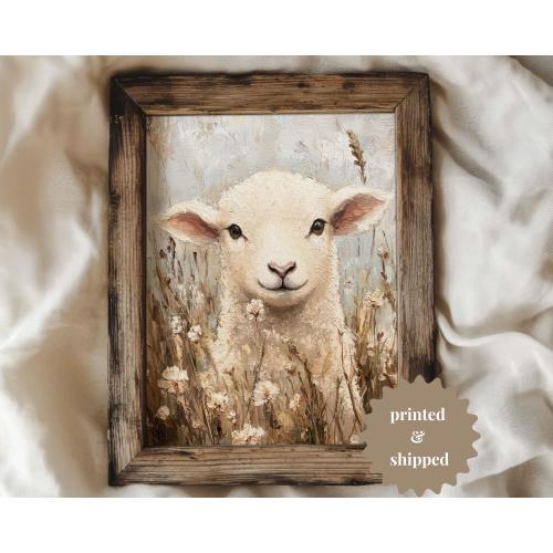 Lamb on Flower Meadow Beige Cream Wall Art Print | Vintage Cottage Decor for Easter | PRINTED AND SHIPPED | No. B137