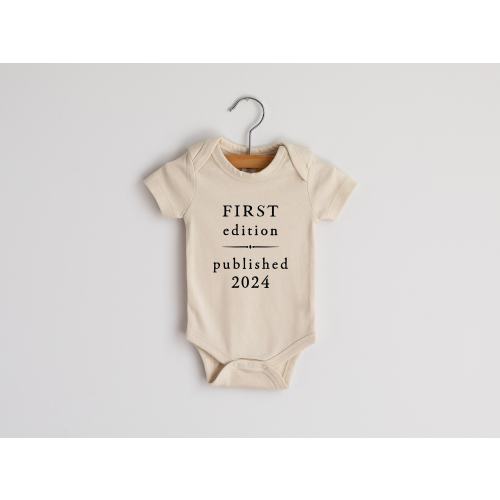 First Edition Published 2024 or 2025 Vintage Book Page Organic Baby Bodysuit • Modern Neutral Baby Outfit • Hand-Printed Bodysuit in Cream