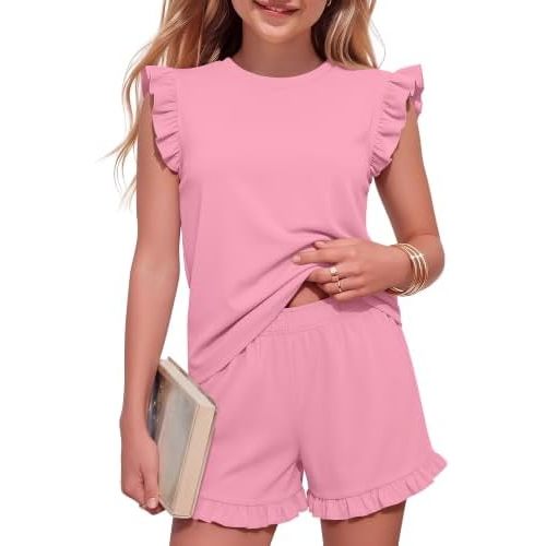 Halfchet Girls' 2 Piece Outfits 5-14 Kids Summer Loose Sets Ruffle Sleeve Tank and Shorts with Pockets Back to School Clothes