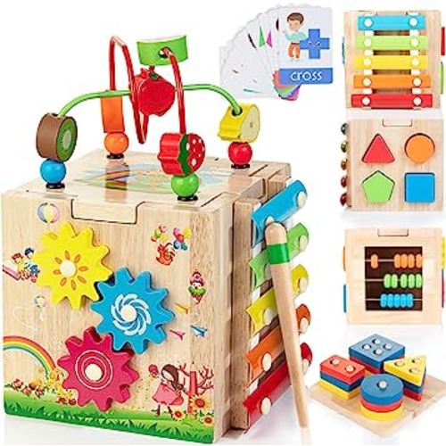Bravmate Wooden Activity Cube, 8-in-1 Montessori Toys for 1-2 Year Old Baby Boy & Girl, Multipurpose Educational Toy for Toddler, Kid, First Birthday Gift with Bonus Sorting & Stacking Board