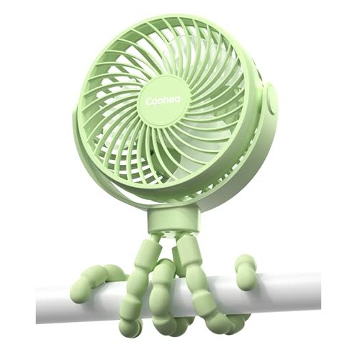 Coohea Stroller Fan Clip on Baby Fan Quiet Small Portable Fan USB Rechargeable Battery Operated Fan for Car Seat Backseat Bike Travel Beach Camping, Flexible Tripod, 360°Rotatable, 3 Wind Speed, Green