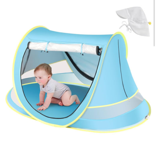 Baby Beach Tent with Baby Hat, Pop Up Toddler Travel Bed with Sun Hat for Boys or Girls, Sun Shade for Toddler Camping, Infant Portable Sun Shade, Summer Beach Baby