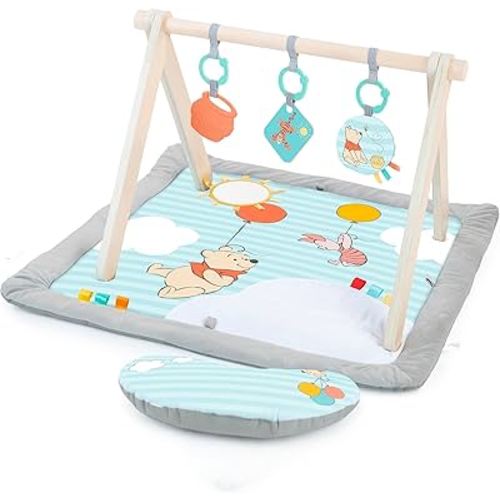 Bright Starts Disney Winnie The Pooh Once Upon a Tummy Time Baby Activity Mat with Wooden Toy Bar, Blue, Newborn
