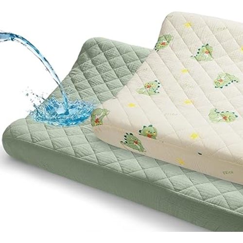Unicorn Castle Waterproof Changing Pad Cover Muslin Changing Table Pad Cover 2 Pack Quilting for 32"x16" Baby Changing Pad Sheets Girls Boys,Green Dinosaur