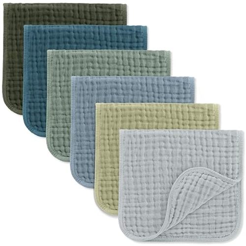 Comfy Cubs Muslin Burp Cloths 20" x 10", Pack of 6 - Large, 6-Layer, Ultra Absorbent 100% Cotton for Baby Drool and Messes - Soft, Safe & Gentle Baby Burp Cloths Set for Boys & Girls - Kelp