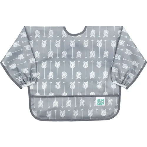 Bumkins Sleeved Bib for Girl or Boy, Baby and Toddler for 6-24 Mos, Essential Must Have for Eating, Feeding, Baby Led Weaning Supplies, Long Sleeve Mess Saving Food Catcher, Soft Fabric, Gray Arrows