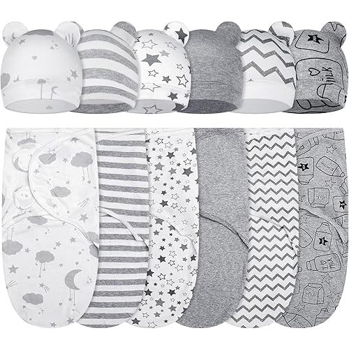 ramede 6 Pack Baby Swaddle Blanket with Hats Set for 0-3 Months Preemie Newborn Sacks Soft Cotton Wearable for Baby Boy and Girl (Grey,Star)