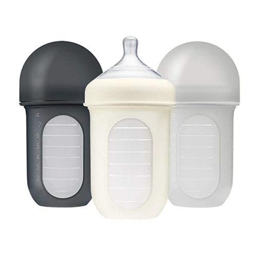 Boon Nursh Reusable Silicone Baby Bottles with Collapsible Silicone Pouch Design - Everyday Baby Essentials - Stage 2 Medium Flow Baby Bottles - Gray - 8 Oz - 3 Count - 8 Ounce (Pack of 3)