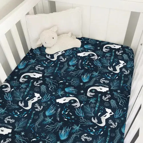 Undersea Mermaids Baby Crib Sheet 52''x28'' Ocean Sea Animal Fish Starfish Corals Anchor Stretchy Fitted Crib Mattress Cover for Boy Girl Nautical Soft Bed Sheets for Standard Crib Toddler Mattress