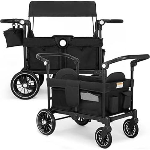 Wagon Stroller for 2 Kids, All-Terrain Stroller Wagon, Foldable Kids Wagon Cart Featuring with Harnesses, Adjustable Double Push Handle, Removable Canopy, Snack Tray, Large Storage Bag, Black