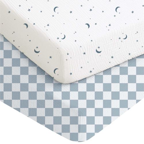 Konssy Muslin Crib Sheets for Boys, Soft Cotton Neutral Baby Sheets for Standard Crib Mattress 2 Pack, 52"x28" (Dreamfield Sky,Baby Blue Plaid)