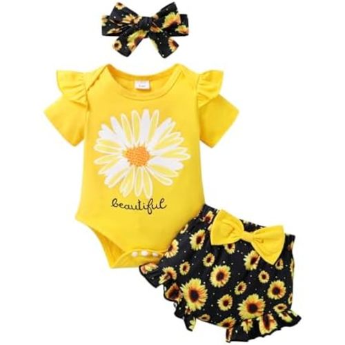 Tiny Cutey Baby Girl Clothes Infant Summer Outfits Set Ruffle Sleeve Romper and Floral Shorts with Headband