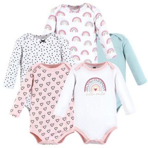 Hudson Baby Infant Girl Cotton Long-Sleeve Bodysuits, Modern Rainbow 5-Pack