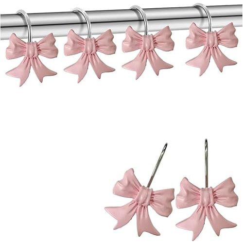 Bow Knot Decorative Shower Curtain Hooks, 12pcs Pink Cute Art Deco Resin Rust Resistant Hooks Glide Shower Ring Hangs Holder Bling for Girl Bathroom Baby Room Nursery