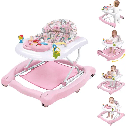5 in 1 Foldable Baby Walker, Activity Baby Walker-Baby Bouncer, Rocker, Activity Center,Seat and Push Walker,Detachable Trampoline Mat, Adjustable Speed Rear Wheels and Height,Ages 6-18 Months(Pink)