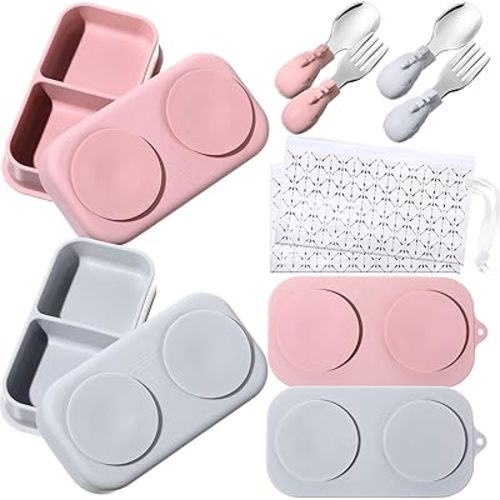 Uiifan 2 Pack Baby Suction Plate Set Silicone Suction Plate with Lid Divided Bowls for Portable Toddler Utensils Compact for Self Feeding Baby Travel Essential(Gray, Pink)