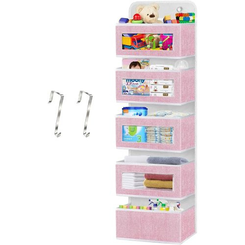 Homyfort Over The Door Organizer - Pink Wall Storage with 5 Large Pockets for Nursery, Girls Room, Pantry, Dorm, Bathroom, Closet