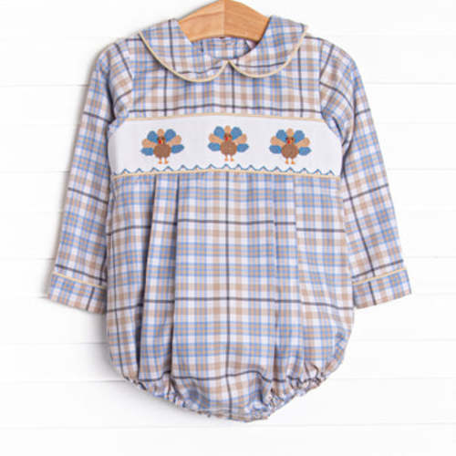 Autumn Bird Blessing Smocked Boy Bubble, Blue and Tan Plaid – 3M
