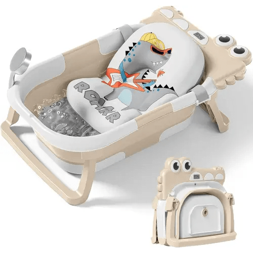 TPN Collapsible Baby Bathtub, Baby Bath Tub with Soft Cushion & Real-Time Thermometer, Baby Bathtub Infant to Toddler Tub (0-36 Months), Portable Travel Baby Tubs for Newborns (Beige)