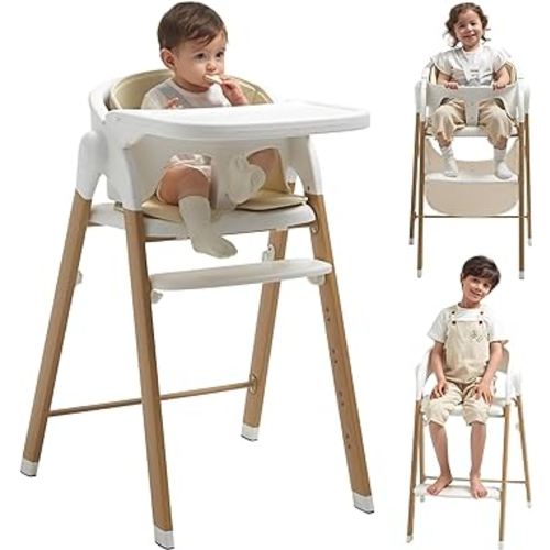 High Chair for Babies and Toddlers Adjustable Foldable Convertible 5 Point Harness Easy Clean Wood-Printed Metal with Removable Tray Baby Highchair for Family (White&Natural Wood-Printed Metal)