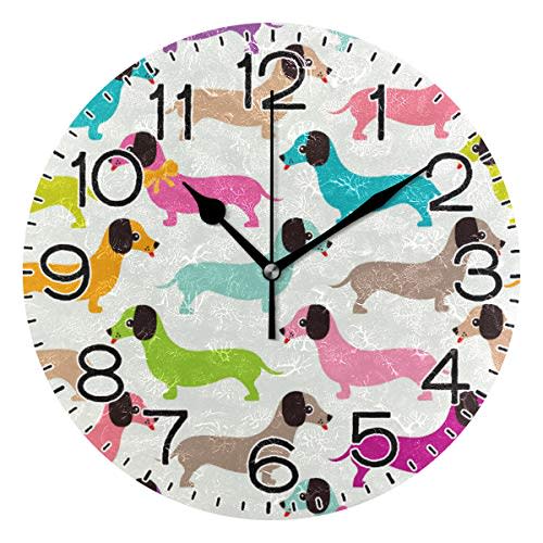 Retro Dachshund Puppy Dogs Background Dog Wall Clock Battery Operated Non Ticking Silent Quartz Analog Rustic Farmhouse Round Clock Retro Decor for Home Kitchen Living Room Bathroom