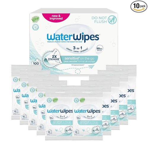 WaterWipes Sensitive+ On The Go Wipes, 3-In-1 Cleans, Cares, Protects, 99.9% Water, Unscented & Hypoallergenic Wet Wipes, 100 Count (10 Packs)