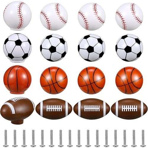 Menkxi 16 Pcs Sports Ball Dresser Knobs for Kids Baseball Basketball Dresser Drawer Knobs for Boys Football Soccer Sports Nursery Hardware Drawer Pulls Handles for Cabinet Party Decor (Classic Style)