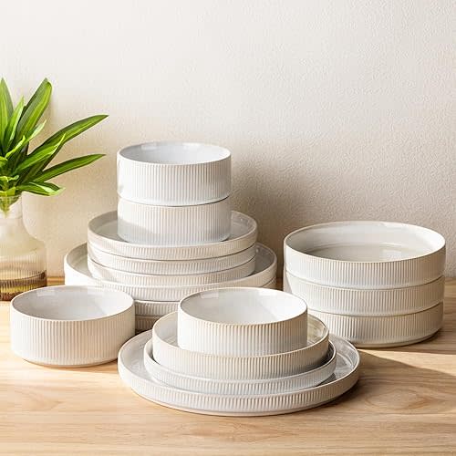 TheTerra Ceramic Dinnerware Sets with Pasta Bowls for 4, 16 Pieces Porcelain Lightweight Plates and Bowls Sets, Scratch Resistant Dish Set, Oven & Microwave & Dishwasher Safe, Reactive White