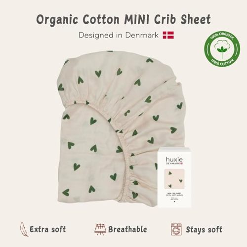 24 x 38 Mini Crib Sheets - Organic Cotton Muslin Fitted Crib Sheet Fitted for Pack and Play - Ultra-Soft and Breathable Crib Sheets for Boys and Girls (Green Hearts)