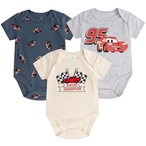 Disney Cars Lightning McQueen Baby Boys 3 Pack Bodysuit Creeper for Newborn and Infant
