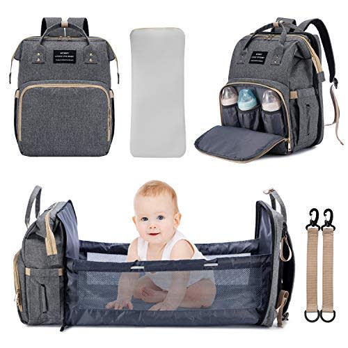 3 in 1 Diaper Bag Backpack Travel Bassinet Portable Baby Bed, Baby Diaper Bag with Changing Station, Foldable Baby Crib with Changing Pad (Grey)