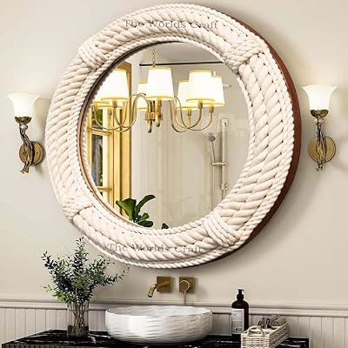 Nautical Round Rope Mirror - White Twisted Rope Wall Hanging Mirror, Rustic Boho & Coastal Farmhouse Décor for Bathroom, Bedroom, Nursery, or Entryway