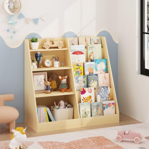 Kids Bookshelf and Toy Storage Organizer, 4-Tier Wooden Bookcase Display Stand for Kids Room, Playroom or Nursery, Natural