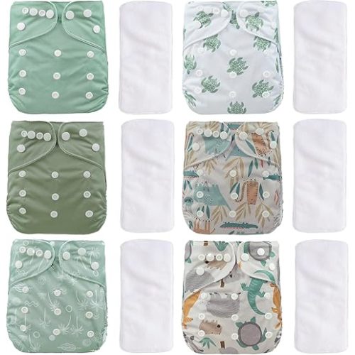 12 Set Reusable Adjustable Cloth Diapers for Newborn to 0-3 Years,One Size Washable Pocket Nappy Covers for Baby Girl and Boy,6 Pack Cloth Diapers+6pcs Microfiber Inserts(Green 2)