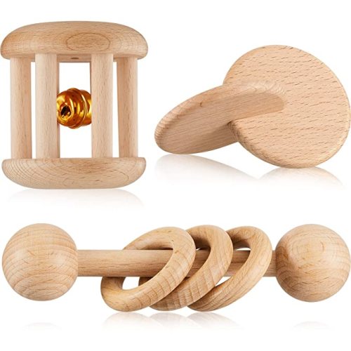 3 Pieces Wooden Rattle Wood Bells Rattles Beech Wooden Interlocking Discs Montessori Toys Wood Teether Toys Nice Present for Boys and Girls Birthday Party Favor