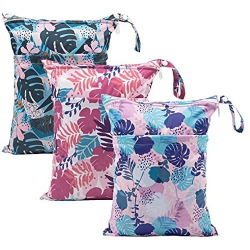 Babygoal Wet Dry Bags for Baby Cloth Diapers, Washable Travel Bags, Beach, Pool, Gym Bag for Swimsuits & Wet Clothes with Two Zippered Pockets 3 Pack, 3LN19