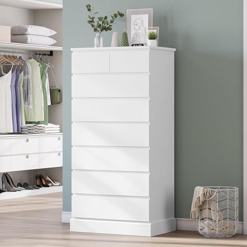 DICTAC White Tall Dresser for Bedroom with 8 Drawers, 59.6" Tall Dressers & Chests of Drawers, Modern Wood Closet Organizer and Storage Cabinet, Large Vertical Dresser for Bedroom, Closet, Hallway