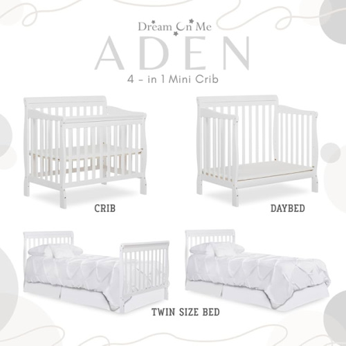 Dream On Me Aden 4-in-1 Convertible Mini Baby Crib in White, GreenGuard Gold & JPMA, Sustainable Pinewood, Non-Toxic Finish, 3 Mattress Heights, Converts to Mini Day & Twin-Size Bed