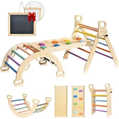 BlueWood Pikler Triangle Set, Foldable Wooden Climbing Toys Set, Indoor Playground Jungle Gym, Montessori Climbing Set for 2-6 Years Old, Toddlers, Baby, Kids (Rainbow)