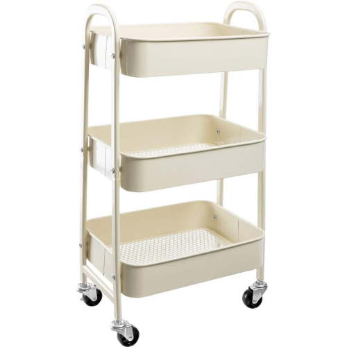 Makeup Cart, Movable Rolling Organizer Cart,3 Tier Metal Utility Cart, Beige