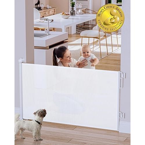 Cumbor Dog Gate Retractable Baby Gates for Doorways, Family & Mom's Choice Awards Winner- 55" Wide Mesh Pet Gate for Dogs, 34" Tall Safety Gates for The House,Puppy Gate Indoor & Outdoor, White
