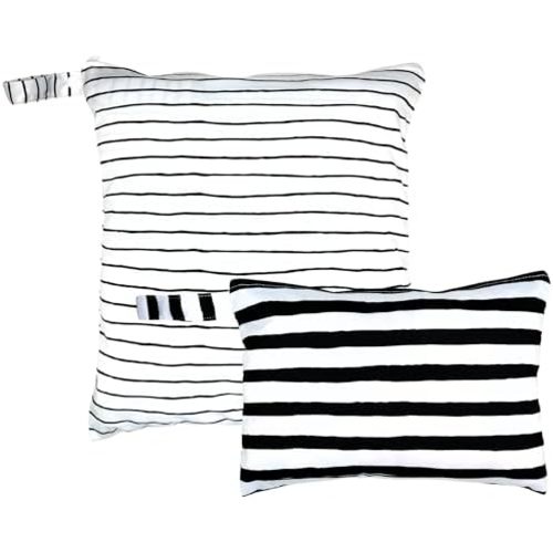 2-Pack Waterproof Wet Dry Bags - Striped, Reusable, Machine Washable, Multipurpose Storage for Baby Items, Sweaty Clothes, Swimsuits, Cosmetics for Travel (Black and White)