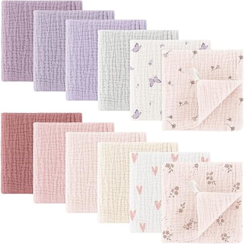 Bearmoss Muslin Baby Washcloths 100% Cotton Baby Bath Wash Cloth Ultra-Absorbent Burp Cloth Soft Baby Face Towel for Newborn Baby Boy and Girl, 10x10inch 12Pack (Pink & Purple)
