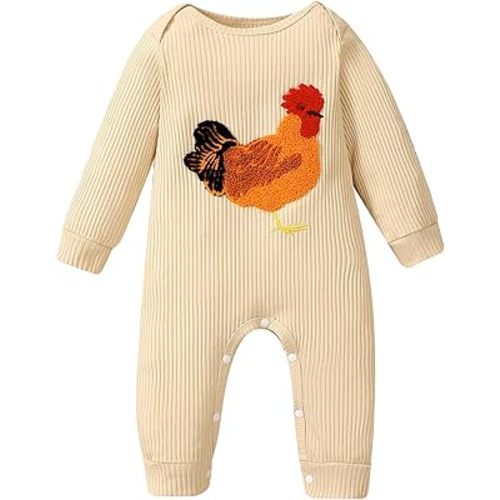Tsnbre Newborn Boy Girl Outfits Rib Knit Romper Long Sleeve Farm Chicken Bodysuit 0 3 6 9 12 Months Netural Baby Clothes