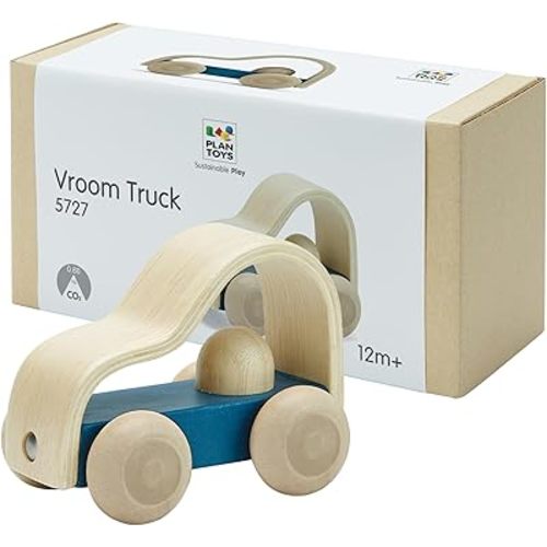 PlanToys® Vroom Truck Wooden Push Toy for Toddlers | Eco-Friendly Toddler Push Car for Indoor Play | Montessori Fine Motor Learning Toys for Kids