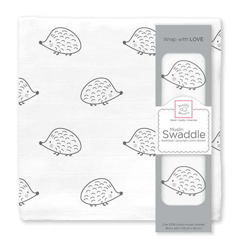 Muslin Swaddle Single - Hedgehog, Soft Black