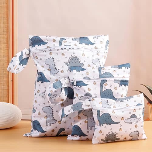 3 Set Wet Bag Storage Bag Zipper Waterproof Washable Travel Bags, Beach, Pool, Gym Bag for Cloth Diaper, Swimsuits & Wet Clothes(Dinosaur)