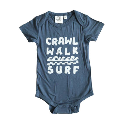 Crawl Walk Surf Blue Bamboo Onesie 6-12M